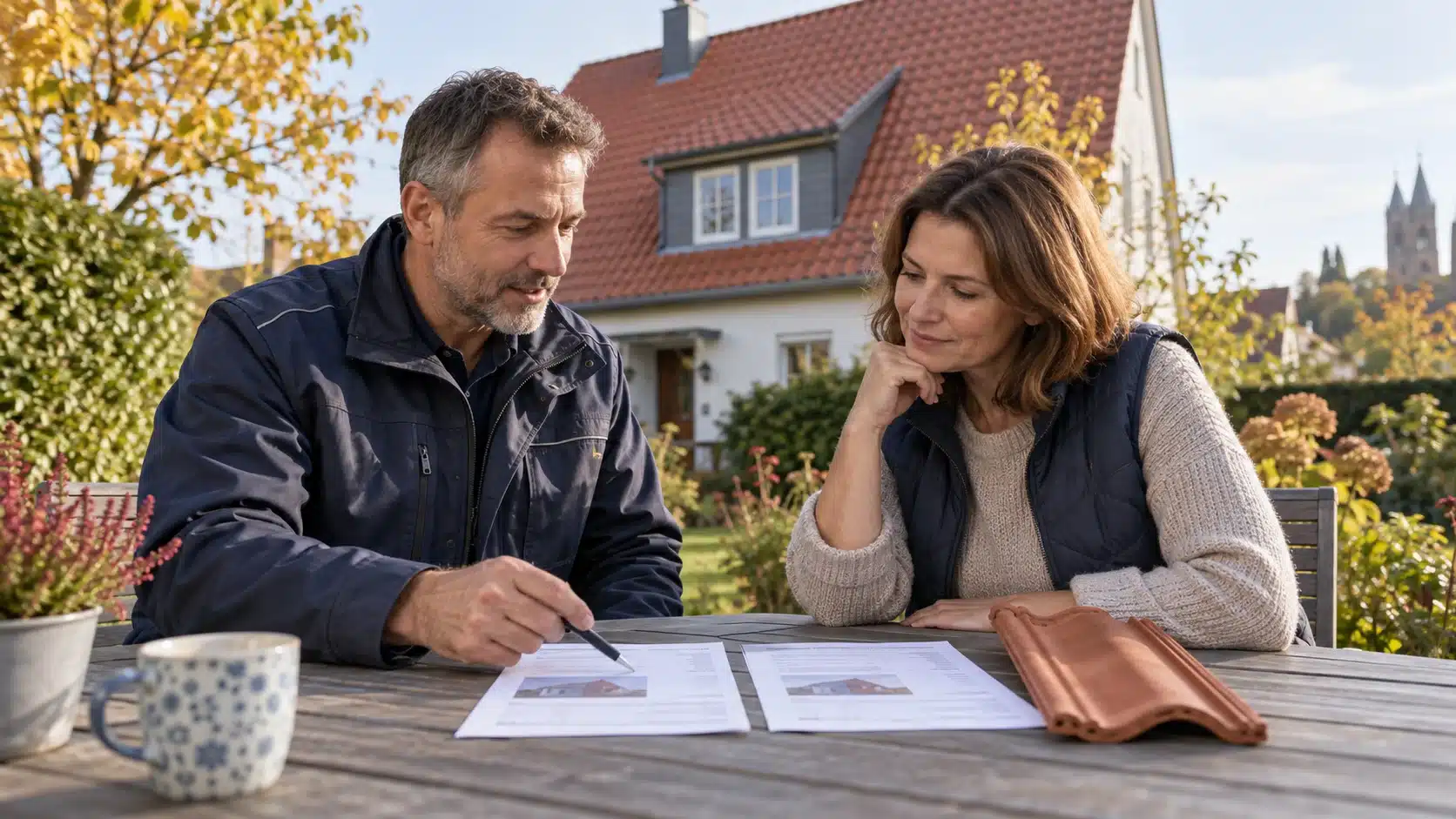Dachdecker und Hauseigentümerin vergleichen Angebote mit einem Dachziegel als Muster