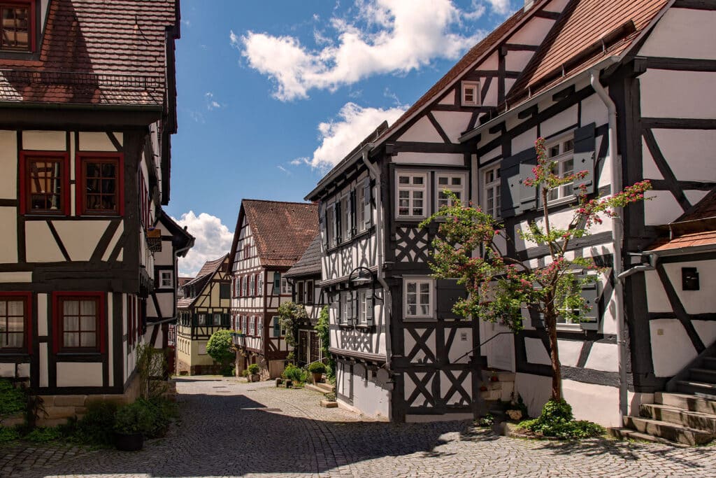 Eine Straße mit Kopfsteinpflaster, gesäumt von traditionellen Fachwerkhäusern mit weißen Wänden und dunklen Holzbalken, unter einem teilweise bewölkten blauen Himmel. In der Nähe der Häuser wächst ein Baum mit rosa Blüten.