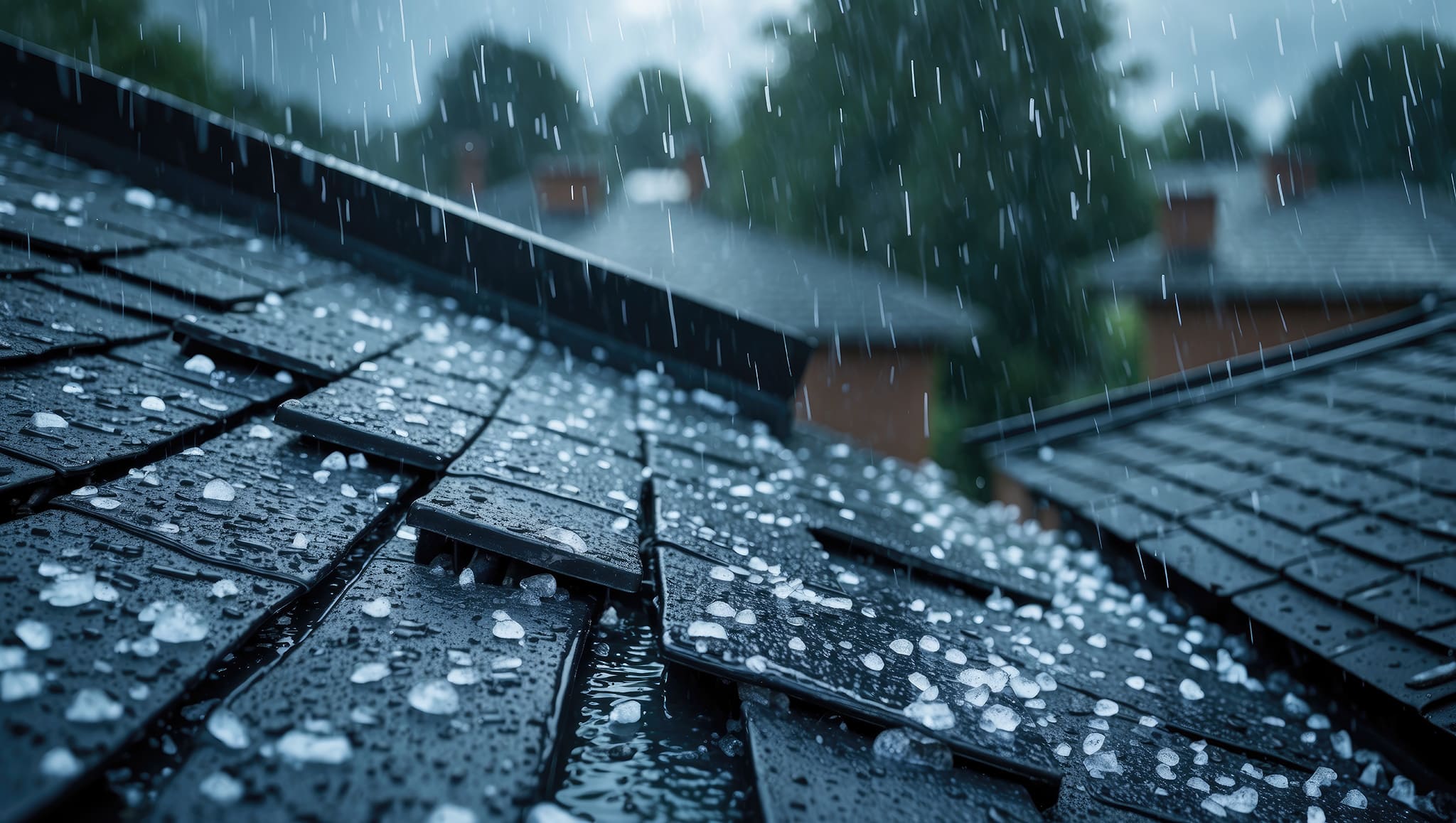 Nahaufnahme von dunklen Dachschindeln, auf die Regen und kleine Hagelkörner fallen, wodurch nasse, reflektierende Oberflächen entstehen. Im Hintergrund sind bei bedecktem Himmel verschwommene Bäume und Dächer zu sehen.