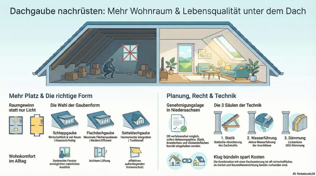 Geteilte Darstellung: links ein dunkler, unordentlicher Dachboden, rechts ein helles, möbliertes Loft mit Dachgaube. Darunter erläutern Icons und Text die Arten von Dachgauben und geben Tipps für die Planung von Dachbodenrenovierungen.