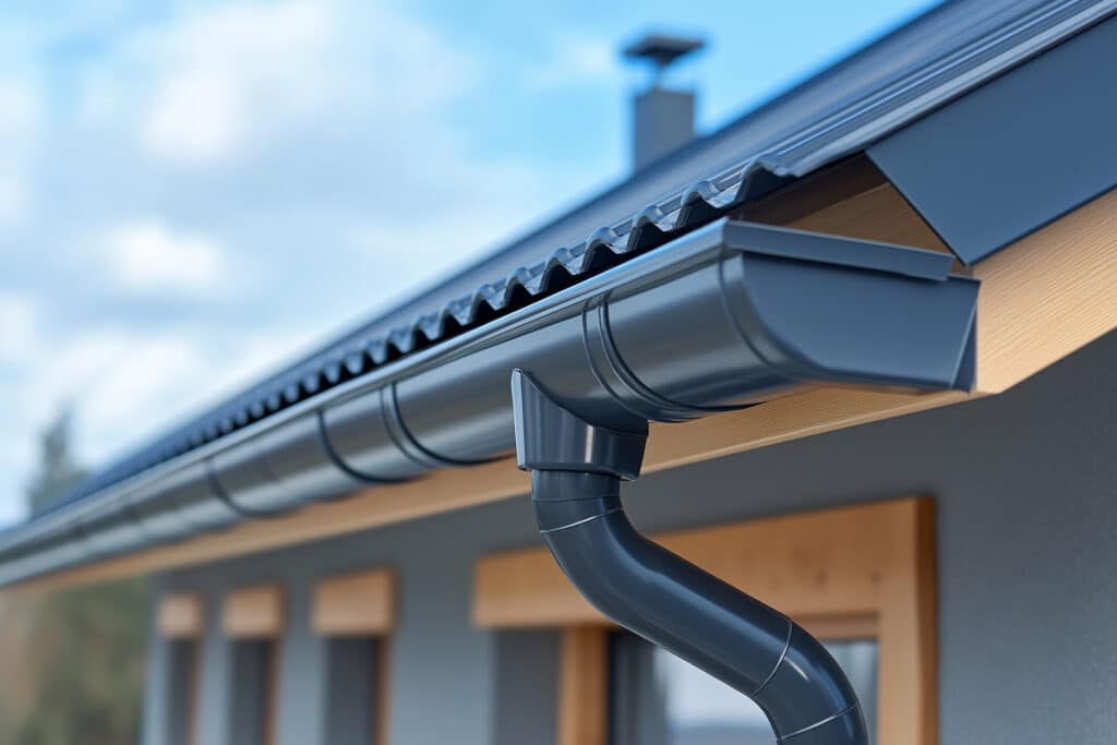 Nahaufnahme eines modernen Hausdachs mit grauer Metalleindeckung, passendem Dachrinnensystem und Fallrohr. Die Außenverkleidung ist grau, und unterhalb der Dachlinie befinden sich Holzfenster. Der Himmel ist teilweise bewölkt.