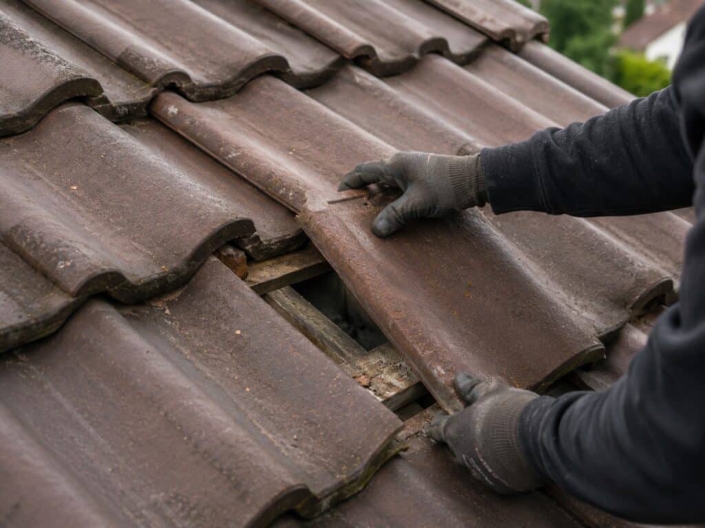 Beschädigter Dachziegel wird bei einer Kleinreparatur am Dach ausgetauscht