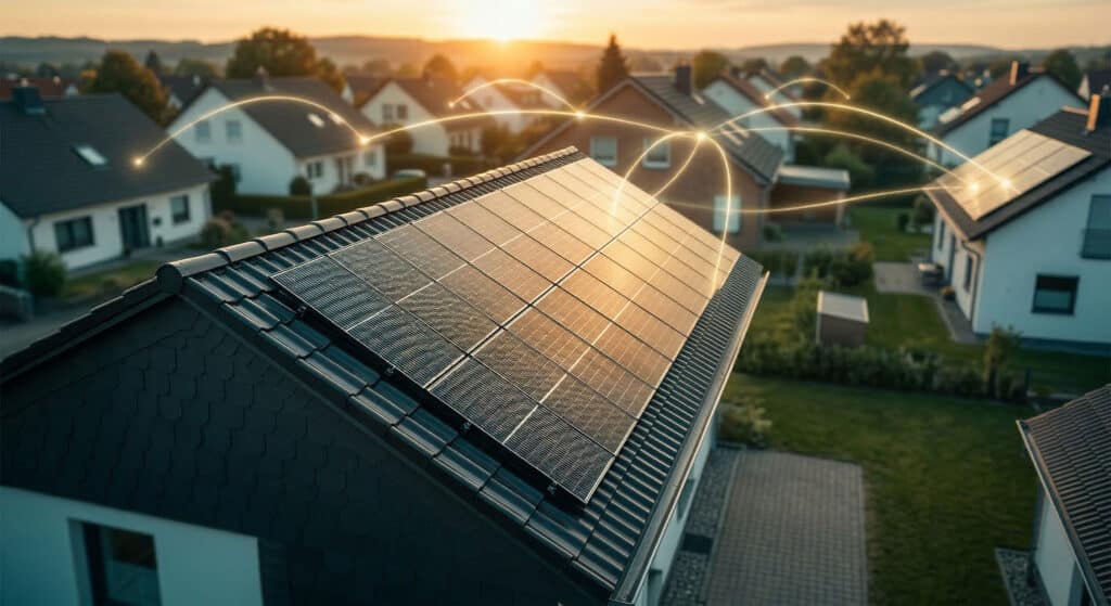 Eine Reihe von Häusern mit Sonnenkollektoren auf den Dächern bei Sonnenuntergang, mit Linien, die die Energieverbindungen zwischen den Häusern in einem Vorort darstellen.