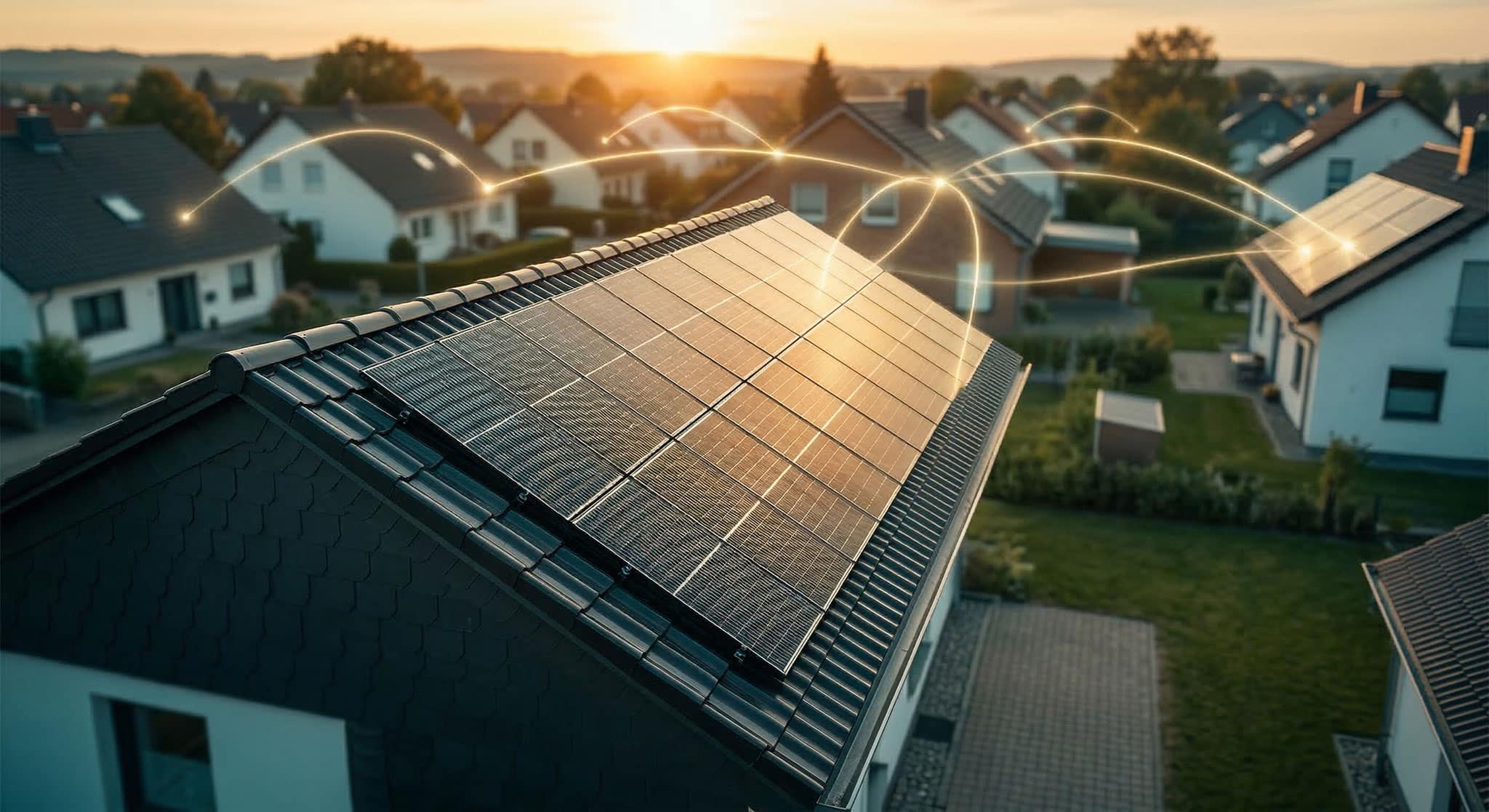 Eine Reihe von Häusern mit Sonnenkollektoren auf den Dächern bei Sonnenuntergang, mit Linien, die die Energieverbindungen zwischen den Häusern in einem Vorort darstellen.