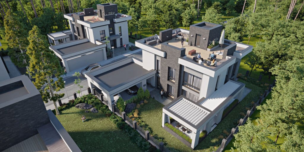 Luftaufnahme moderner mehrstöckiger Häuser mit Flachdächern, Dachterrassen und großen Fenstern, umgeben von Bäumen und Grünflächen in einem Wohngebiet.