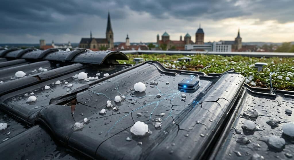 Eine Nahaufnahme von rissigen schwarzen Dachziegeln mit Hagelkörnern und Wassertropfen. Auf dem Dach befindet sich ein kleines blaues Gerät mit Lichtspuren; im Hintergrund ist eine Stadtlandschaft mit Kirchtürmen und alten Gebäuden unter einem bewölkten Himmel zu sehen.