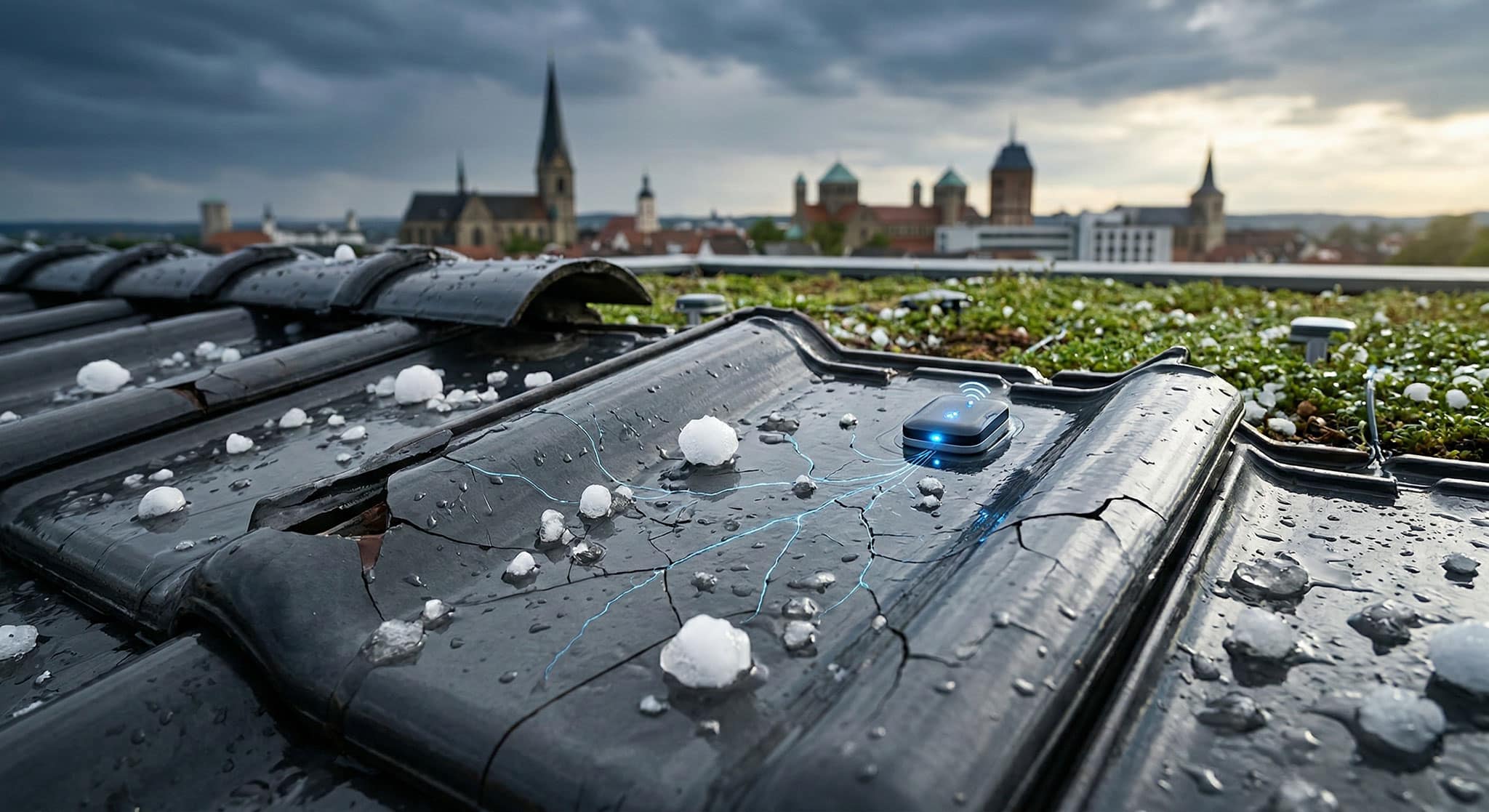 Eine Nahaufnahme von rissigen schwarzen Dachziegeln mit Hagelkörnern und Wassertropfen. Auf dem Dach befindet sich ein kleines blaues Gerät mit Lichtspuren; im Hintergrund ist eine Stadtlandschaft mit Kirchtürmen und alten Gebäuden unter einem bewölkten Himmel zu sehen.