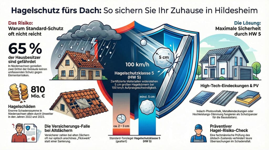 Infografik zum Thema Hagelschutz für Dächer in Hildesheim mit Informationen zum Hagelrisiko, zum Standard- und zum erweiterten Schutz (HW 5), zu Statistiken, zu Versicherungsfragen und zu präventiven Lösungen wie Hightech-Dächern und Photovoltaikanlagen.