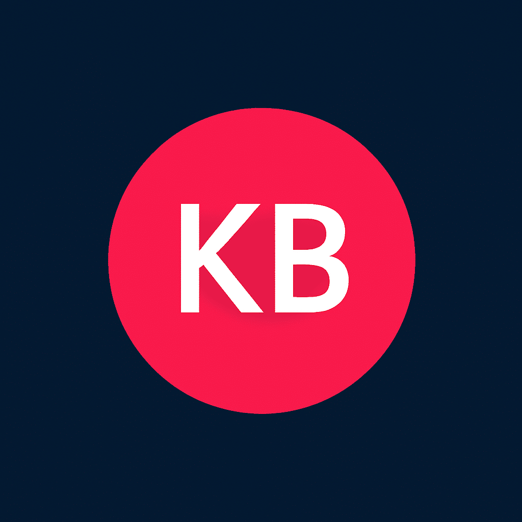 Ein roter Kreis mit den weißen Großbuchstaben „KB“ in der Mitte vor einem dunkelblauen Hintergrund.