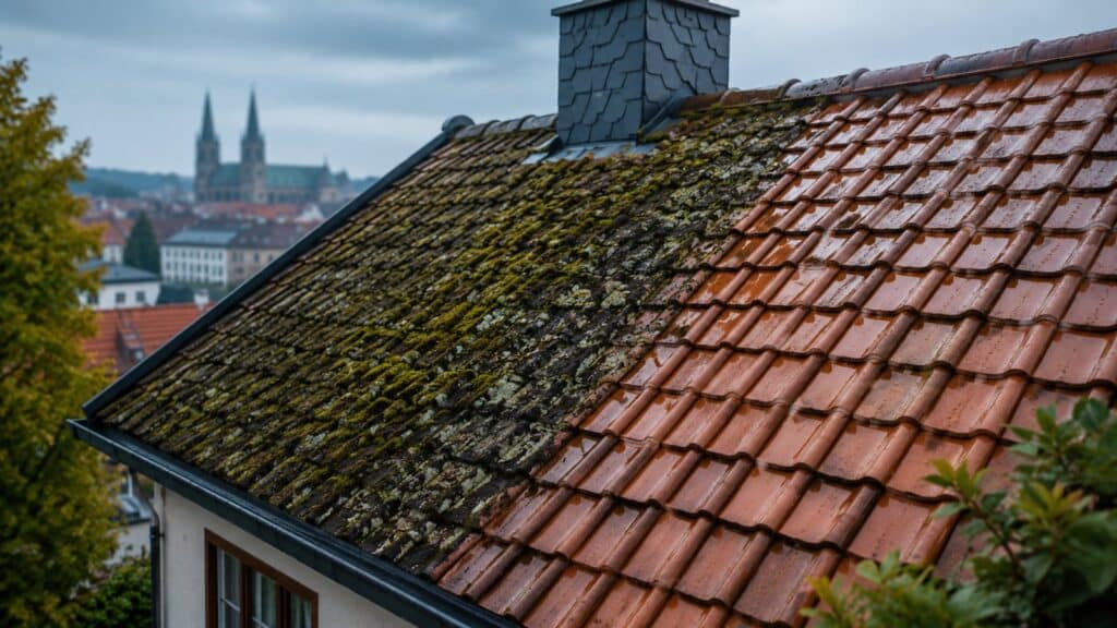 Ein geneigtes Hausdach mit orangefarbenen Ziegeln, von denen die eine Hälfte mit grünem Moos bedeckt ist, während die andere Hälfte sauber ist. Im verschwommenen Hintergrund ist unter einem bewölkten Himmel eine Stadtlandschaft mit Kirchtürmen zu sehen.