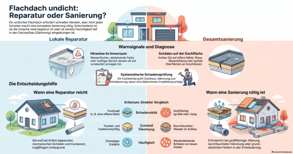 Infografik zu undichtem Flachdach mit Warnzeichen und Entscheidungshilfe für Reparatur oder Sanierung.