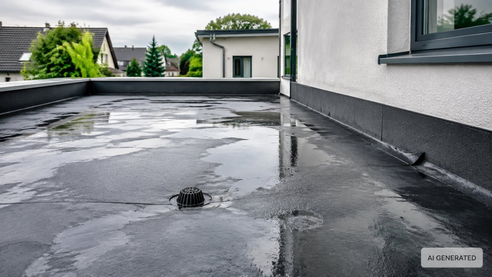 Undichtes Flachdach mit stehender Nässe und Dachablauf vor der Prüfung auf Reparatur oder Sanierung