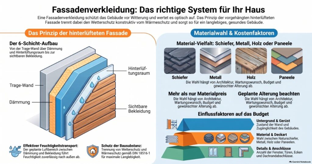 Infografik zum Fassade-Verkleiden mit Aufbau einer hinterlüfteten Fassade, Materialvergleich und Kostenfaktoren.