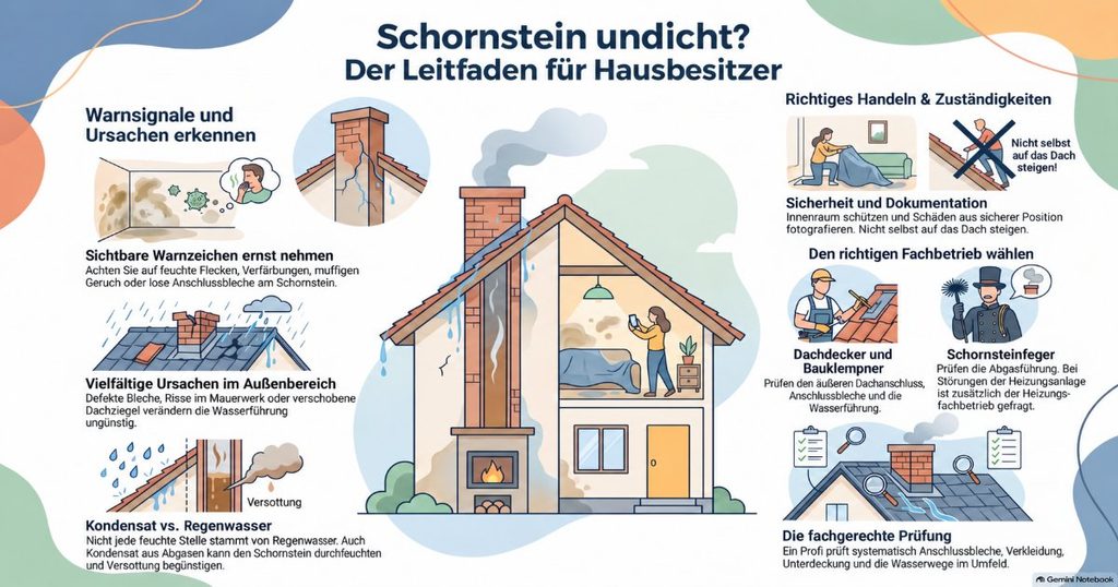 Hausquerschnitt mit undichtem Schornsteinanschluss, Feuchtigkeitsschäden und Hinweisen zu Ursachen, Sicherheit und zuständigen Fachbetrieben.