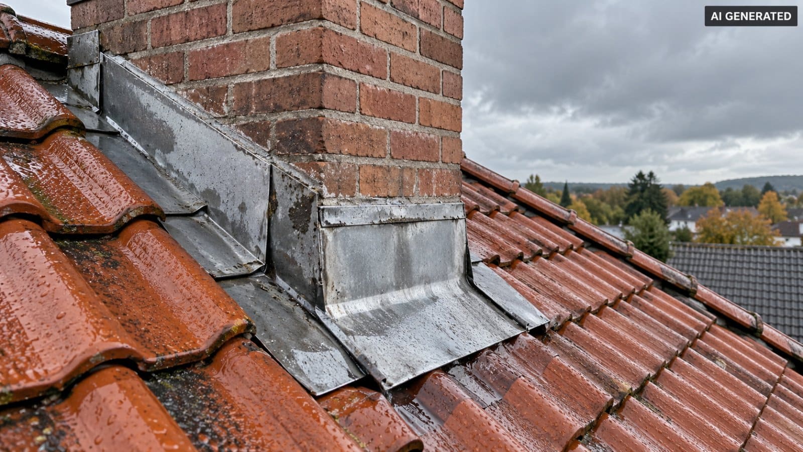 Regennasser Schornsteinanschluss an einem Ziegeldach als mögliches Detail bei einer Undichtigkeit in Hildesheim