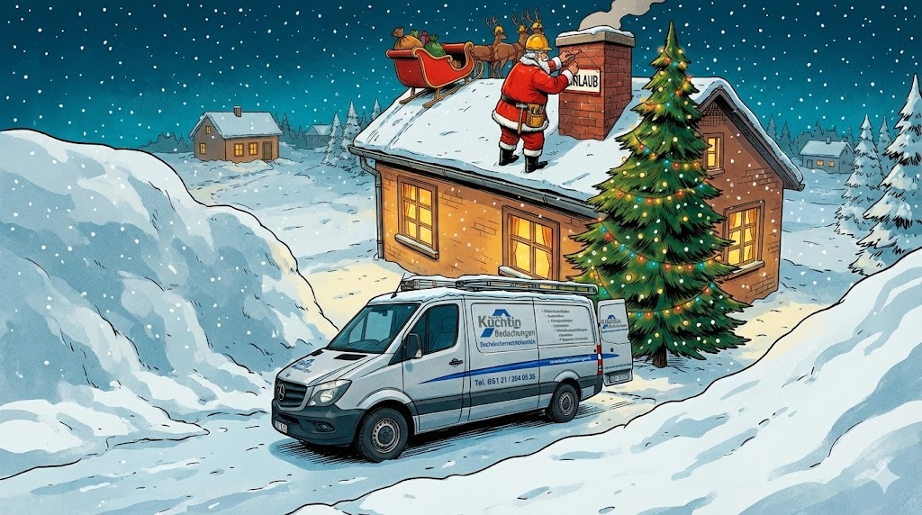 Ein verschneites Haus in der Nacht mit einem beleuchteten Weihnachtsbaum draußen. Der Weihnachtsmann steht auf dem Dach neben einem Schlitten und Rentieren. Ein weißer Lieferwagen mit der Aufschrift "Kuchiküche" ist in der verschneiten Einfahrt geparkt.