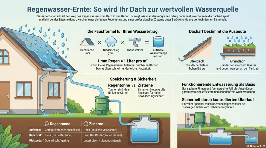 Infografik zum Sammeln von Regenwasser von einem Hausdach, das über die Dachrinnen in eine Tonne oder Zisterne geleitet wird, mit Diagrammen, die die Speicherung, Sicherheit und den Wasserverbrauch für die Gartenbewässerung erklären. Enthält Tipps zur Effizienz und zum System.