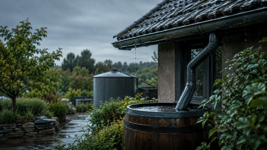 Ein Regenwassersammelsystem sammelt den Regen von einem Schrägdach über eine Dachrinne und ein Fallrohr in eine Tonne. Die Szene spielt an einem regnerischen Tag im Freien, mit Grünpflanzen und einem Wassertank aus Metall im Hintergrund.
