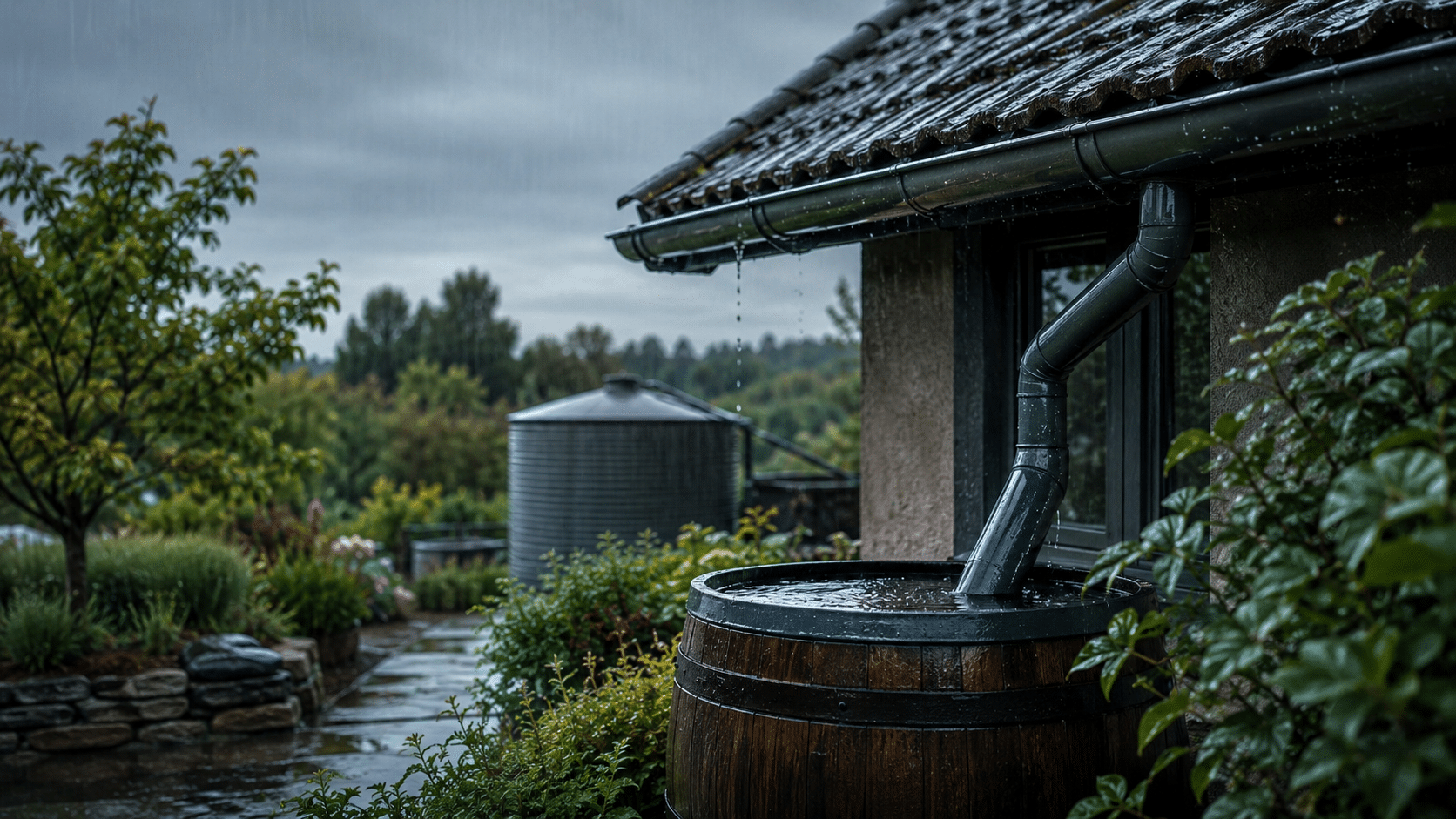 Ein Regenwassersammelsystem sammelt den Regen von einem Schrägdach über eine Dachrinne und ein Fallrohr in eine Tonne. Die Szene spielt an einem regnerischen Tag im Freien, mit Grünpflanzen und einem Wassertank aus Metall im Hintergrund.