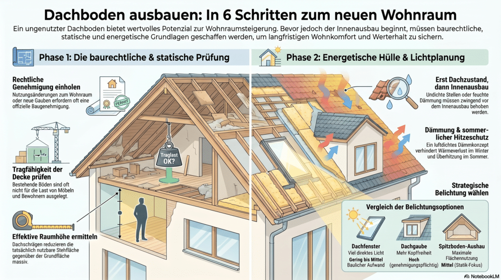 Infografik, die einen zweistufigen Prozess für den Ausbau eines Dachbodens zu Wohnraum zeigt, mit beschrifteten Diagrammen und Symbolen zur Veranschaulichung von rechtlichen Prüfungen, Strukturanalysen, Beleuchtungsvergleichen, Isolierung und Belüftungsschritten.