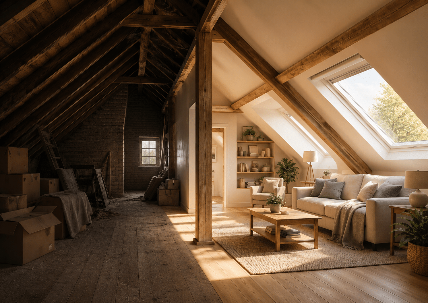 Ein renovierter Dachboden mit sichtbaren Holzbalken, einer gemütlichen Sitzecke mit Sofa und Couchtisch, Regalen mit Dekoration, großen Dachfenstern und einem unvollendeten Teil mit Kisten und einer Leiter im Hintergrund.
