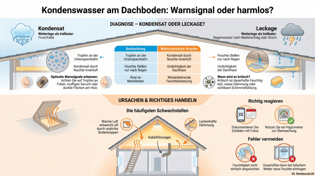 Infografik in deutscher Sprache, die Ursachen, Diagnose und Lösungen für Kondensation oder Lecks in Dachböden erklärt, mit Illustrationen von Feuchtigkeit, beschädigten Stellen und geeigneten Isolierungsmethoden zur Vermeidung von Wasserschäden.