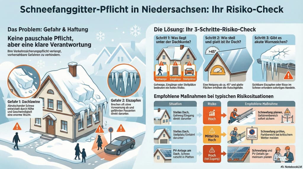 Infografik zur Schneefangpflicht in Niedersachsen, die ein Haus mit Schnee auf dem Dach und Eiszapfen zeigt und Risiken, Verantwortlichkeiten und einen dreistufigen Risikocheck für Schnee und Eis veranschaulicht.