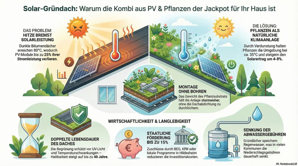 Infografik zeigt zwei Hausdächer mit Solarpanels und bepflanzten Flächen, erläutert Vorteile kombinierter Photovoltaik- und Gründächer, darunter Kühlung, längere Lebensdauer, Förderung, Regenwasserrückhalt sowie Montagehinweise.