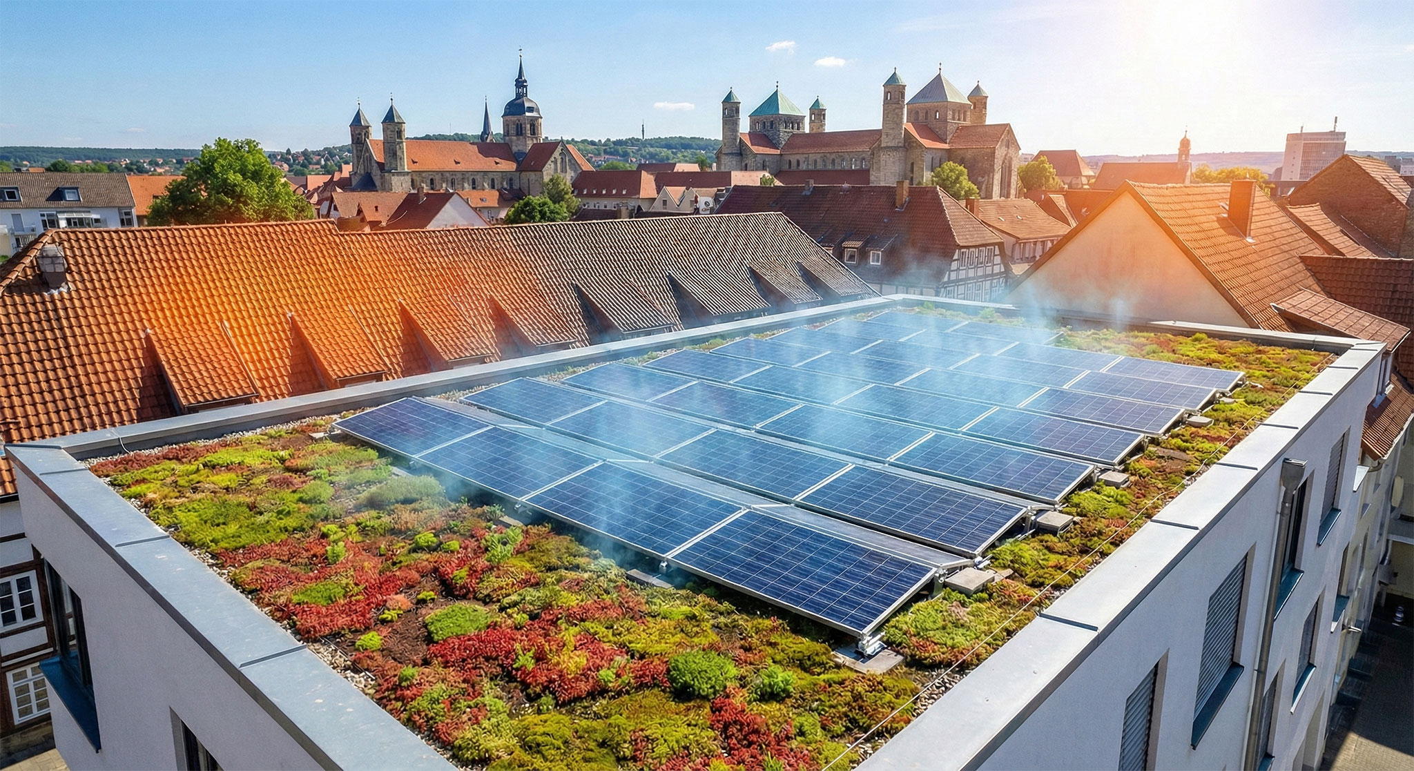 Auf dem begrünten Dach eines Gebäudes sind Solarmodule installiert. Im Hintergrund sind traditionelle europäische Häuser und Kirchtürme unter einem sonnigen Himmel zu sehen.