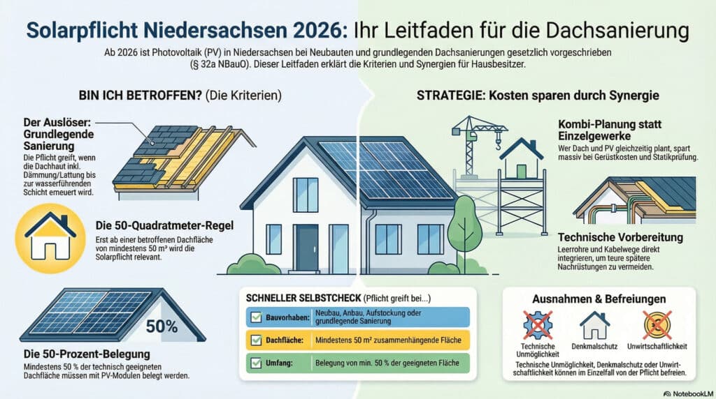 Infografik zur Solarpflicht in Niedersachsen ab 2026; zeigt Kriterien, Strategien, Belegungsanforderungen und praktische Tipps zur Dachsanierung mit Photovoltaikpflicht, illustriert mit Haus, Solarpanelen und Symbolen.
