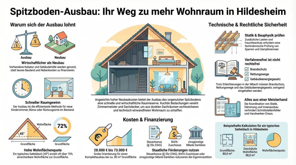 Infografik zum Thema Dachgeschossausbau in Hildesheim. Zeigt Vorteile, Kosten, Finanzierung, technische und rechtliche Aspekte sowie Abbildungen eines Hausquerschnitts, Grafiken und Icons, die jeden Punkt hervorheben.