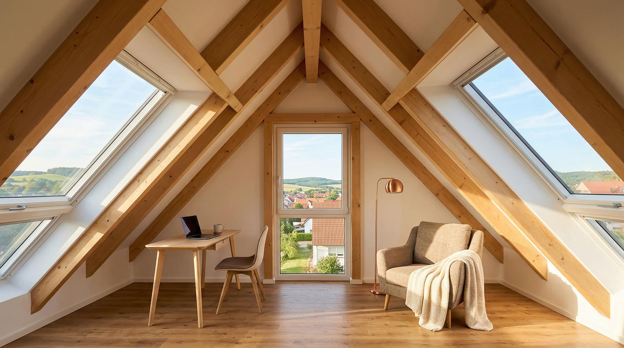 Ein helles Zimmer im Dachgeschoss mit großen dreieckigen Fenstern auf beiden Seiten, einem Holzschreibtisch mit Laptop und Lampe und einem beigen Sessel mit Decke, der durch eine Glastür auf eine Dorflandschaft blickt.