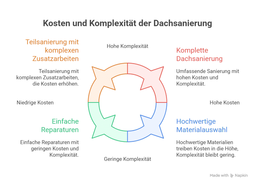 Infografik mit vier farbigen Pfeilen, die einen Kreis bilden. Sie beschreiben Kosten und Komplexität von Dachsanierungen: Einfache Reparaturen, Teilsanierung, komplette Dachsanierung und hochwertige Materialauswahl.