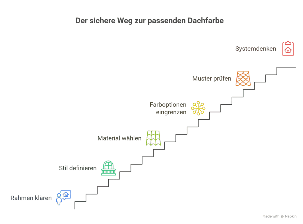 Ein Diagramm einer Treppe mit sieben Stufen, die jeweils mit einem Schritt zur Auswahl einer Dachfarbe beschriftet sind: "Rahmen klären", "Stil definieren", "Material wählen", "Farboptionen eingrenzen", "Muster prüfen" und "Systemdenken".
