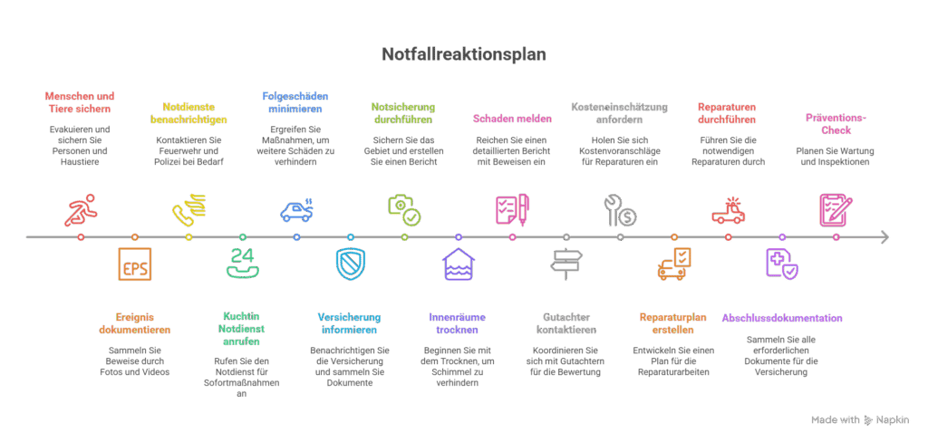 Eine Infografik zum deutschen Notfallplan mit 12 farbcodierten Schritten, die jeweils durch ein Symbol dargestellt werden und die Maßnahmen von der Gewährleistung der Sicherheit über die Benachrichtigung der Versicherung, die Dokumentation des Schadens und die Reparaturen bis hin zur abschließenden Dokumentation umreißen.