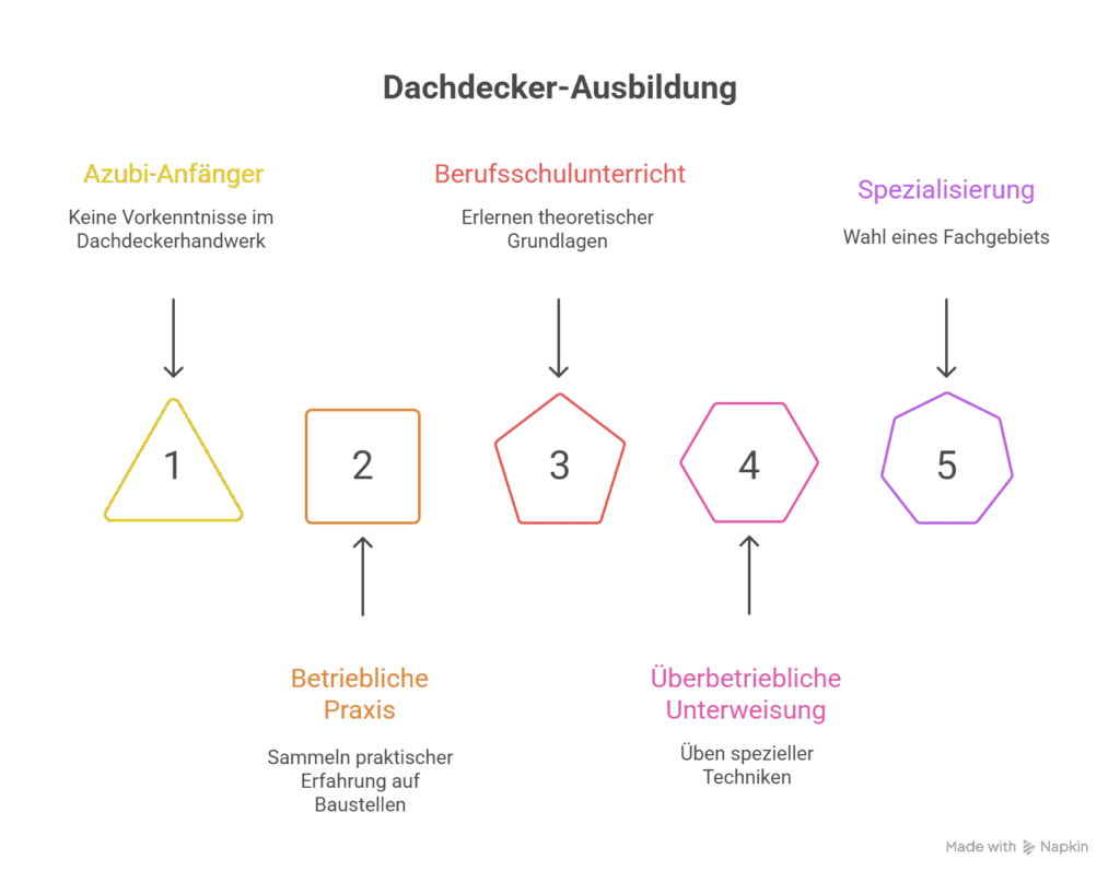 Infografik zur Dachdecker-Ausbildung: Fünf farbige Symbole zeigen die Schritte von Azubi-Anfänger, Berufsschulunterricht, betriebliche Praxis, überbetriebliche Unterweisung bis zur Spezialisierung, jeweils mit Kurzbeschreibungen.