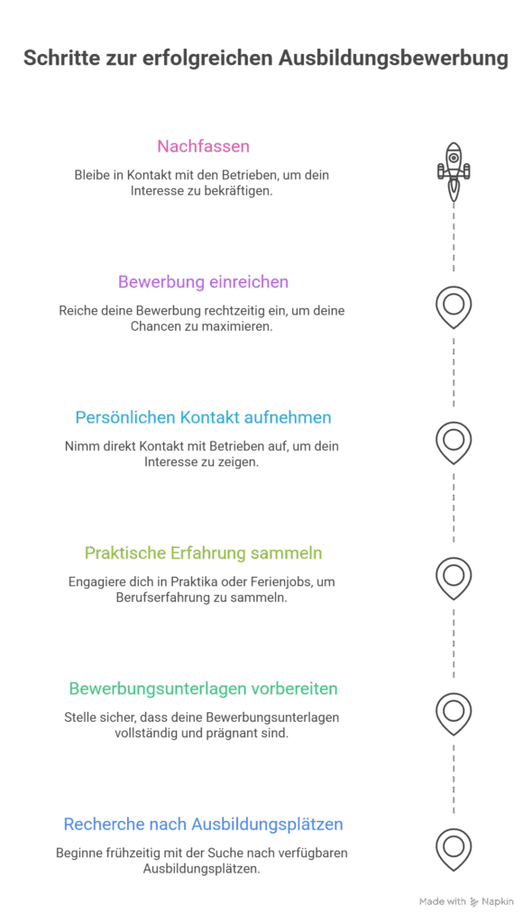 Eine vertikale Infografik mit dem Titel "Schritte zur erfolgreichen Ausbildungsbewerbung" zeigt sechs farbige Schritte mit jeweils einem kurzen Hinweis. Eine gepunktete Linie und Symbole verbinden die Schritte von unten nach oben und enden mit einem Raketensymbol.
