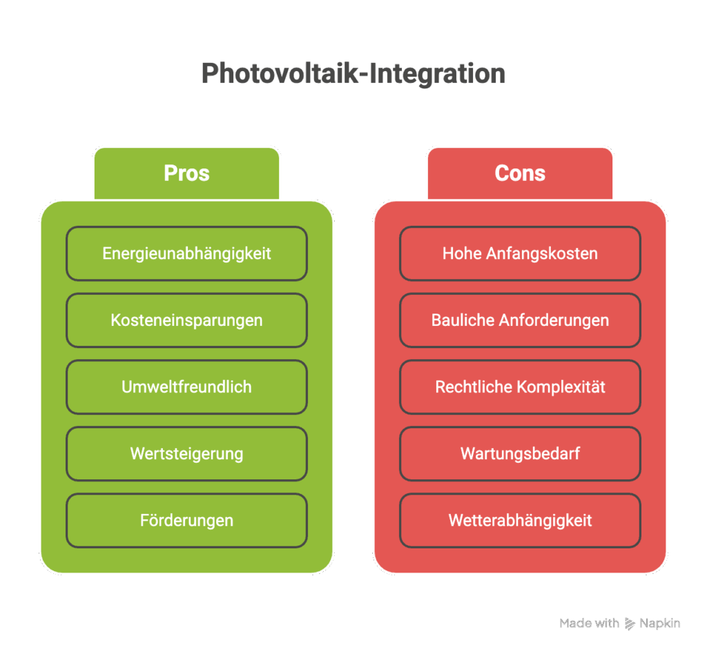 Ein Diagramm mit dem Titel "Photovoltaik-Integration" zeigt zwei Spalten: "Pro" in grün und "Contra" in rot, die jeweils fünf Punkte zu den Vor- und Nachteilen der Photovoltaik-Integration auflisten.