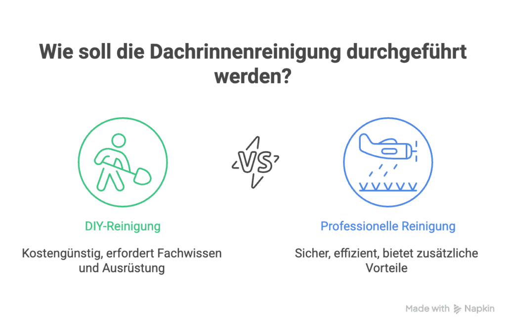 Infografik zum Vergleich von DIY-Dachrinnenreinigung und professioneller Reinigung. Die Selbstreinigung ist kostengünstig, erfordert aber Fachwissen und Ausrüstung. Die professionelle Reinigung ist sicher, effizient und bietet zusätzliche Vorteile. Der Text ist auf Deutsch.