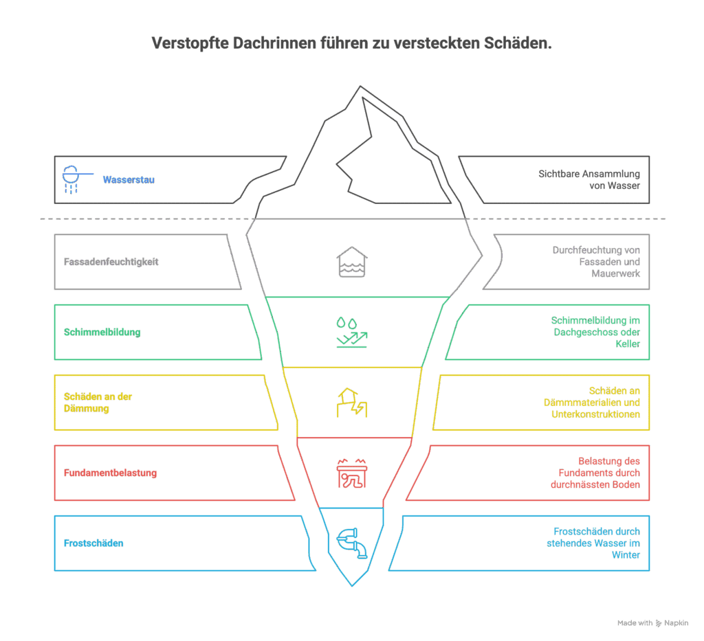 Das Diagramm eines Eisbergs zeigt die versteckten Schäden, die durch verstopfte Dachrinnen verursacht werden, einschließlich Wasseransammlungen, Fassadenschäden, Schimmel, Isolierungsprobleme, Fundamentbelastung, Frostschäden und mehr. Der Text ist auf Deutsch.
