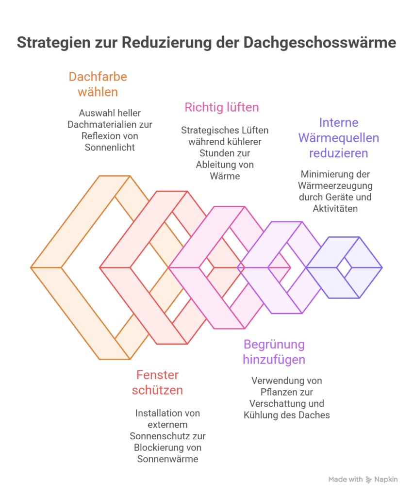 Infografik mit dem Titel "Strategien zur Reduzierung der Dachgeschosswärme" zeigt fünf farblich hervorgehobene Tipps: Dachfarbe wählen, Fenster schützen, richtig lüften, Begrünung hinzufügen und interne Wärmequellen reduzieren.
