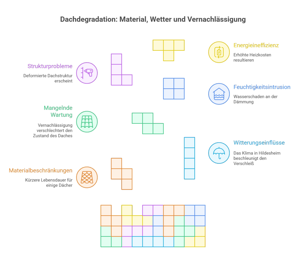 Infografik über Dachdegradation mit Tetris-ähnlichen Bausteinen. Sie zeigt fünf Einflussfaktoren: Strukturprobleme, mangelnde Wartung, Materialbeschränkungen, Energieeffizienz und Witterungseinflüsse.