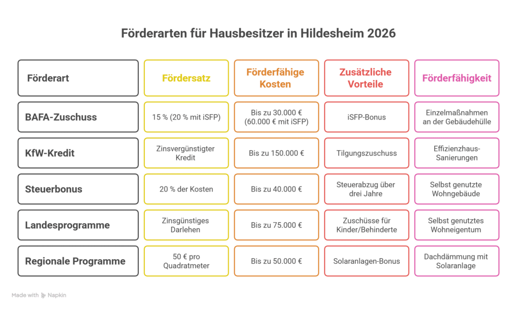 Eine Vergleichstabelle mit den Arten der finanziellen Unterstützung für Hausbesitzer in Hildesheim im Jahr 2026, mit Spalten für die Art der Unterstützung, den Satz, die Fördergrenzen, die zusätzlichen Leistungen und die Anspruchsberechtigung.