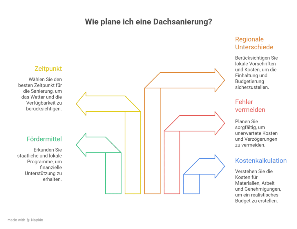 Eine deutschsprachige Infografik mit dem Titel "Wie plane ich eine Dachsanierung?" mit Pfeilen, die auf Tipps zu Timing, Finanzierung, regionalen Unterschieden, Fehlervermeidung und Kostenkalkulation bei der Dachsanierungsplanung verweisen.